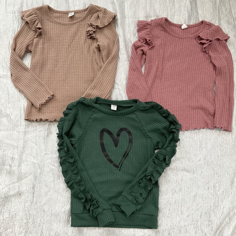 Lot Of 3 SHEIN Girls Long sleeve Shirts Size 7Y Green, Pink, Tan